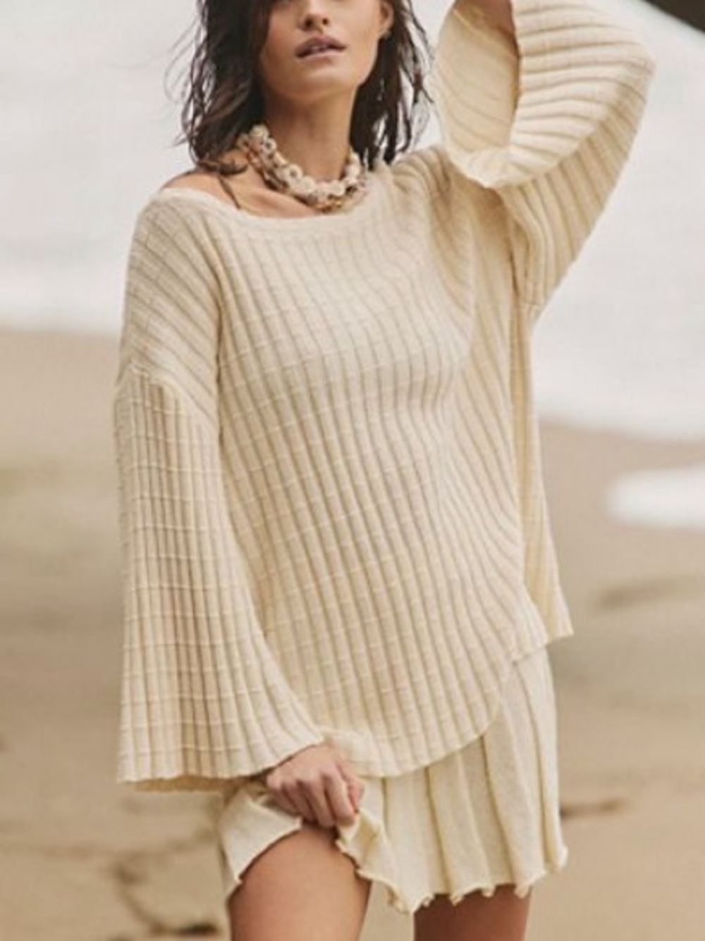 Free People Cream Ribbed Bell-Sleeve Scoop Neck Sweater and Skirt Set